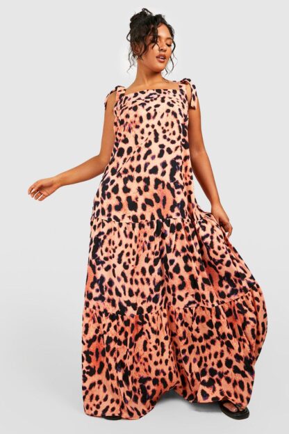 Womens Plus Leopard Tie Detail Tiered Maxi Dress - Multi - 16, Multi