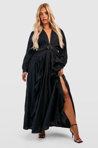 Womens Plus Linen Cut Out Ruffle Maxi Dress - Black - 24, Black