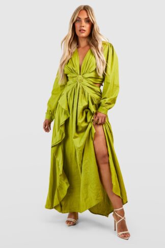 Womens Plus Linen Cut Out Ruffle Maxi Dress - Green - 16, Green