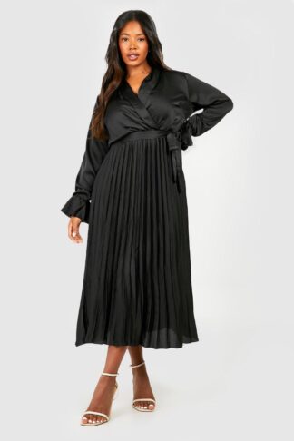 Womens Plus Satin Pleated Midaxi Dress - Black - 16, Black