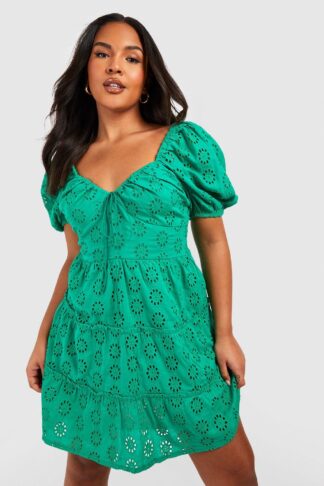 Womens Plus Broderie Anglaise Puff Sleeve Tiered Skater Dress - Green - 16, Green