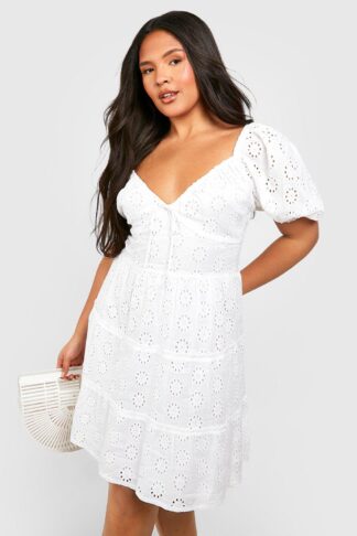 Womens Plus Broderie Anglaise Puff Sleeve Tiered Skater Dress - White - 28, White