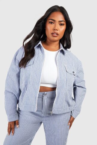 Womens Plus Denim Stripe Pocket Denim Jacket - Blue - 16, Blue