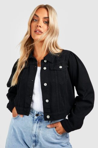 Womens Plus Distressed Puff Shoulder Detail Denim Jacket - Black - 16, Black