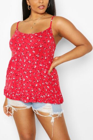 Womens Plus Ditsy Floral Tiered Smock Cami Top - 18, Red
