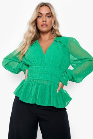 Womens Plus Dobby Mesh Volume Sleeve Blouse - Green - 18, Green