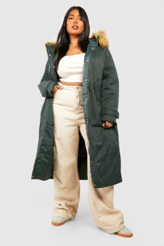Womens Plus Faux Fur Hooded Longline Parka - Green - 16, Green