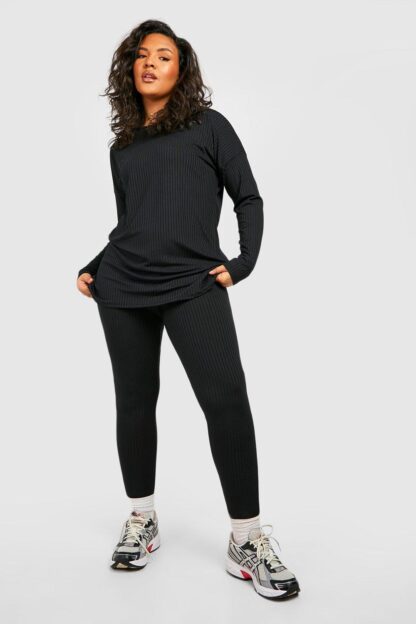 Womens Plus Oversized Rib Top And Legging Co-Ord - Black - 22, Black