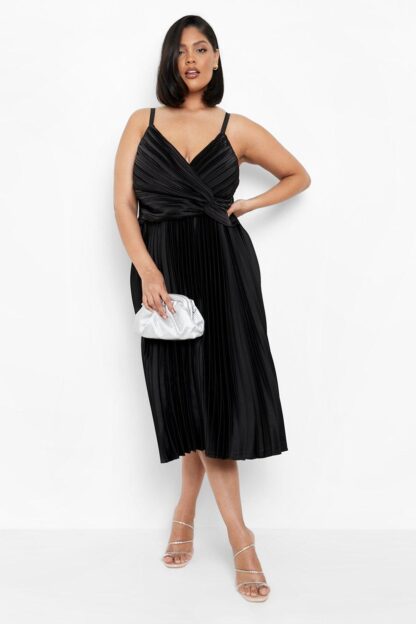 Womens Plus Pleated Satin Twist Detail Midi Dress - Black - 24, Black