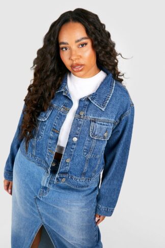 Womens Plus Pocket Detail Cropped Denim Jacket - Blue - 18, Blue