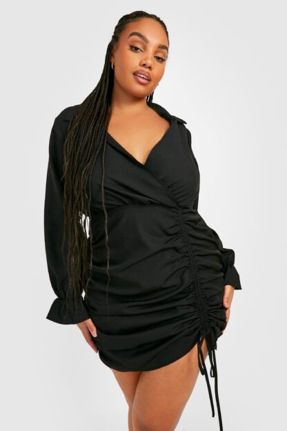 Womens Plus Ruched Detail Long Sleeve Shirt Dress - Black - 16, Black