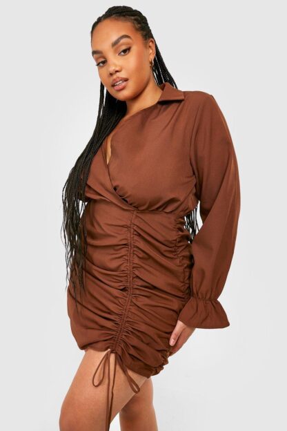 Womens Plus Ruched Detail Long Sleeve Shirt Dress - Brown - 28, Brown