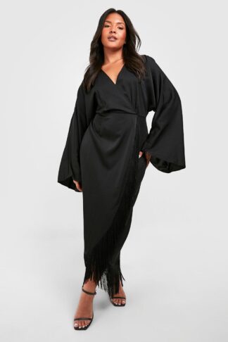 Womens Plus Tassel Hem Wrap Dress - Black - 16, Black