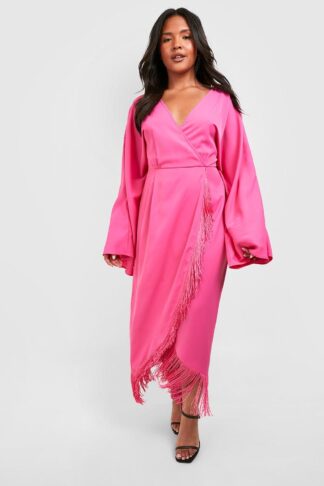 Womens Plus Tassel Hem Wrap Dress - Pink - 16, Pink