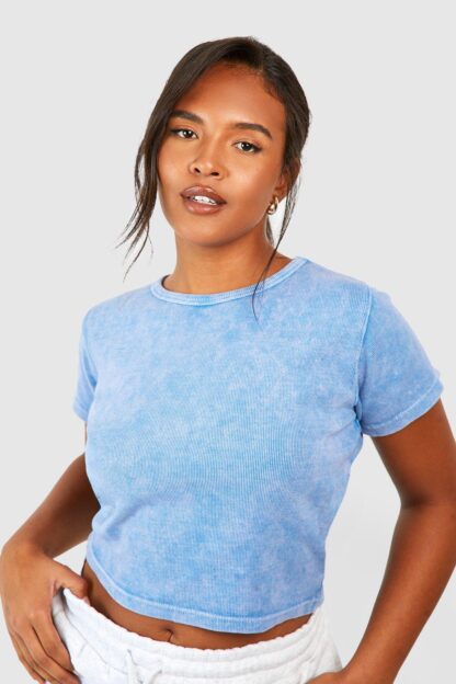 Womens Plus Washed Crew Neck Rib Top - Blue - 16, Blue