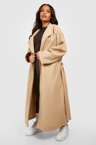 Womens Plus Wool Look Belted Trench Coat - Beige - 16, Beige