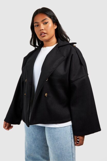Womens Plus Wool Look Short Trench Coat - Black - 16, Black