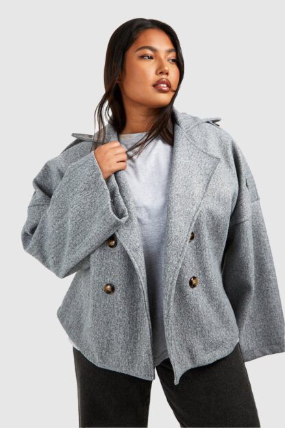 Womens Plus Wool Look Short Trench Coat - Grey - 16, Grey
