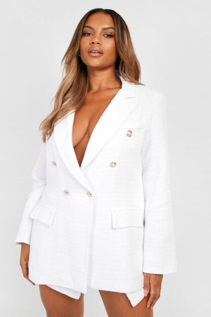 Womens Plus Boucle Military Button Blazer - White - 28, White
