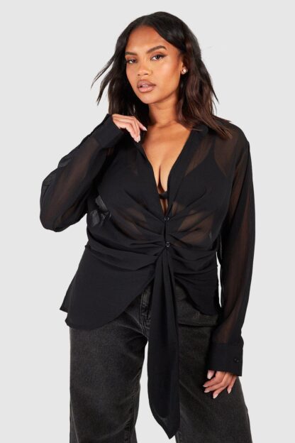 Womens Plus Chiffon Drape Tie Detail Shirt Blouse - Black - 16, Black