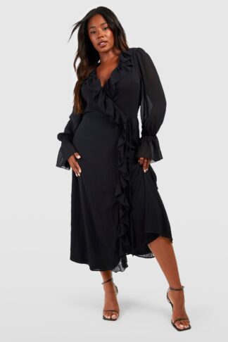 Womens Plus Chiffon Ruffle Wrap Dress - Black - 22, Black