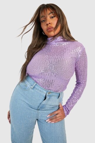 Womens Plus Sequin High Neck Long Sleeve Top - Purple - 16, Purple
