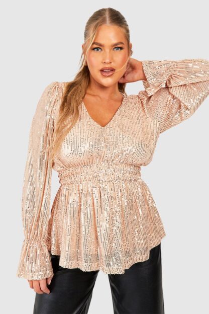Womens Plus Sequin Shirred Waist Smock Top - Gold - 28, Gold