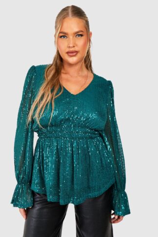 Womens Plus Sequin Shirred Waist Smock Top - Green - 28, Green