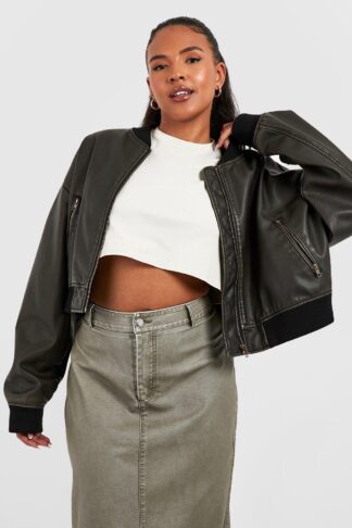 Womens Plus Vintage Look Faux Leather Oversized Bomber Jacket - Grey - 16, Grey