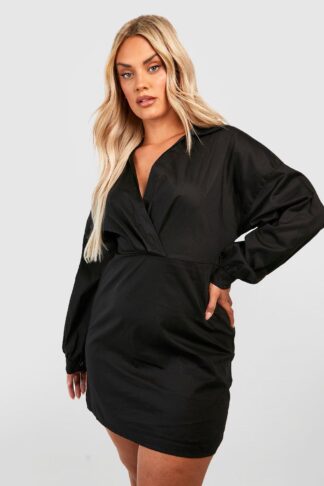 Womens Plus Wrap Shirt Dress - Black - 16, Black