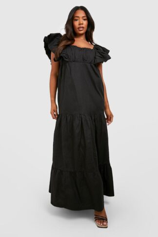 Womens Plus Cotton Poplin Ruffle Sleeve Maxi Dress - Black - 18, Black