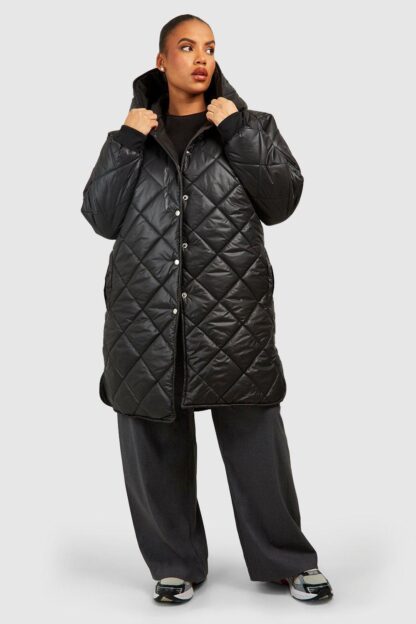 Womens Plus Diamond Quilt Hooded Puffer Jacket - Black - 16, Black
