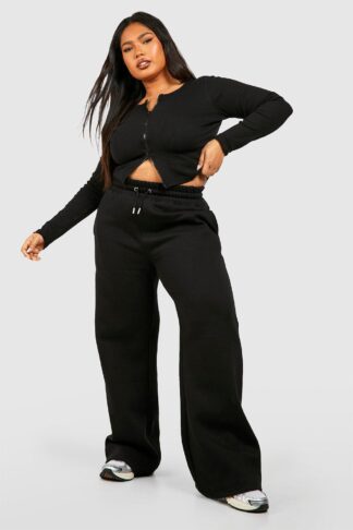 Womens Plus Double Zip Long Sleeve Rib Top And Straight Leg Set - Black - 16, Black