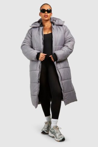 Womens Plus Longline Rib Collar Puffer Jacket - Beige - 16, Beige