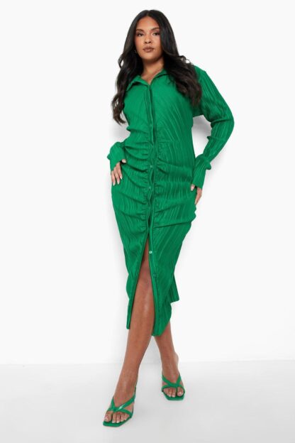 Womens Plus Plisse Midaxi Ruched Shirt Dress - Green - 28, Green