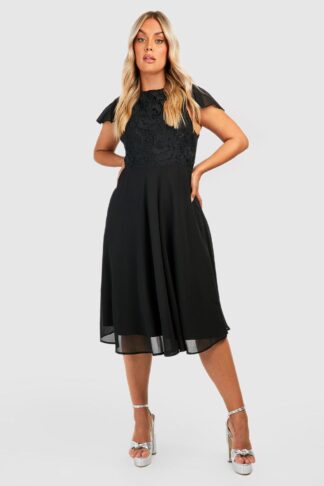 Womens Plus Lace Frill Sleeve Midi Skater Dress - Black - 28, Black