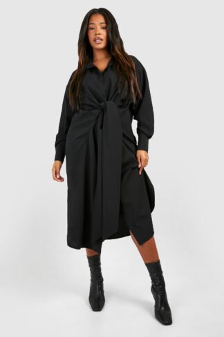Womens Plus Textured Woven Tie Front Midi Shirt Dress - Black - 16, Black
