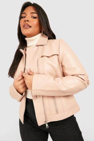 Womens Plus Zip Pockets Faux Pu Leather Jacket - Beige - 20, Beige