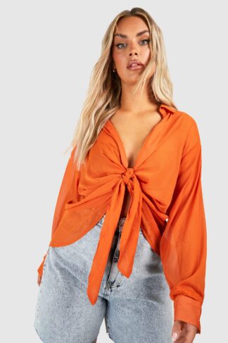 Womens Plus Chiffon Drape Tie Detail Shirt Blouse - Orange - 26, Orange