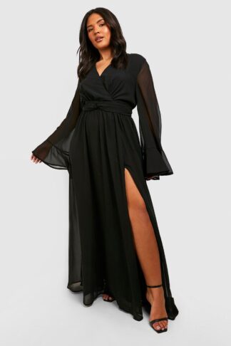 Womens Plus Chiffon Flared Sleeve Maxi Dress - Black - 28, Black