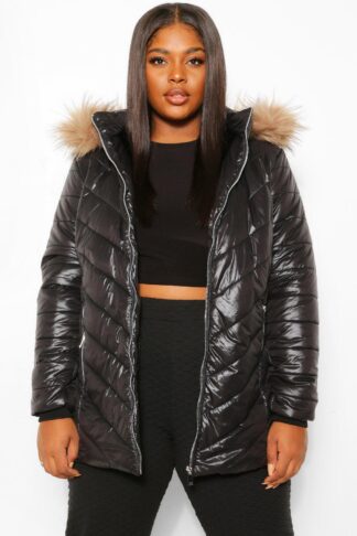 Womens Plus Faux Fur Trim High Shine Puffer Jacket - Black - 18, Black
