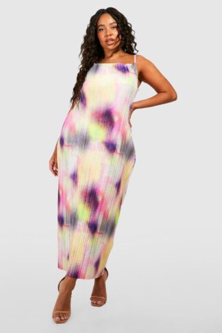 Womens Plus Abstract Printed Plisse Maxi Dress - Purple - 16, Purple