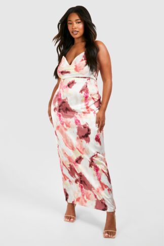Womens Plus Abstract Printed Satin Maxi Dress - Pink - 22, Pink