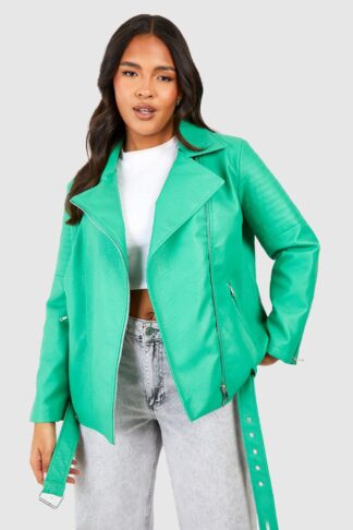 Womens Plus Belted Faux Leather Pu Biker Jacket - Green - 20, Green