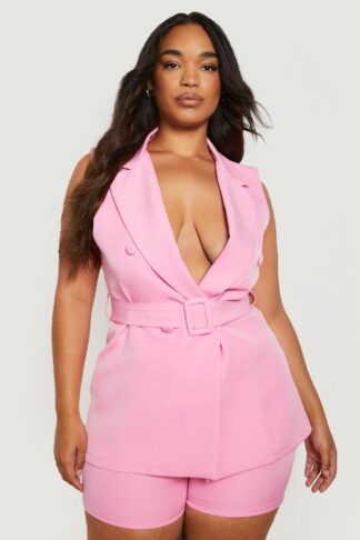 Womens Plus Collar Detail Sleeveless Belted Blazer - Pink - 18, Pink