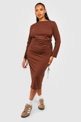 Womens Plus Cotton Ruched Tie Side Midaxi T-Shirt Dress - Brown - 16, Brown