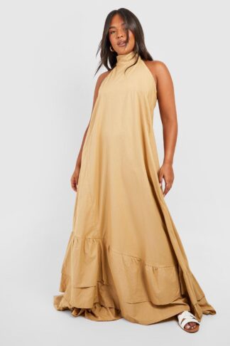Womens Plus Cotton Tiered Detail Maxi Dress - Beige - 26, Beige