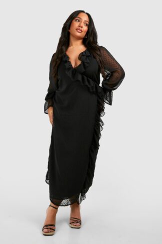 Womens Plus Dobby Mesh Ruffle Detail Long Sleeve Wrap Dress - Black - 16, Black