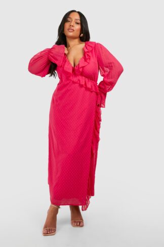 Womens Plus Dobby Mesh Ruffle Detail Long Sleeve Wrap Dress - Pink - 16, Pink