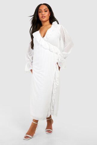 Womens Plus Dobby Mesh Ruffle Detail Long Sleeve Wrap Dress - White - 16, White